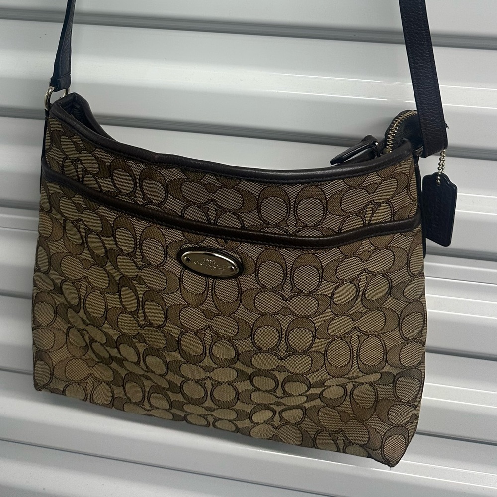 Coach Signature Tan and Black Crossbody Bag